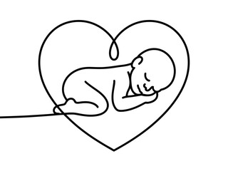 A simple line drawing depicts a sleeping baby within a heart shape, symbolizing love and innocence.