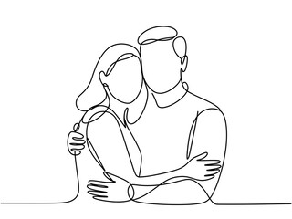 A loving couple embraces in a simple continuous line drawing, symbolizing connection and affection.