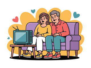 A loving couple sits together on a sofa watching television, surrounded by hearts.