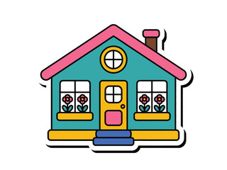 A charming teal house with a pink roof and yellow trim features flower boxes under its windows.