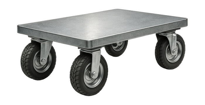 Steel platform dolly with pivoting wheels, ideal for construction site use.