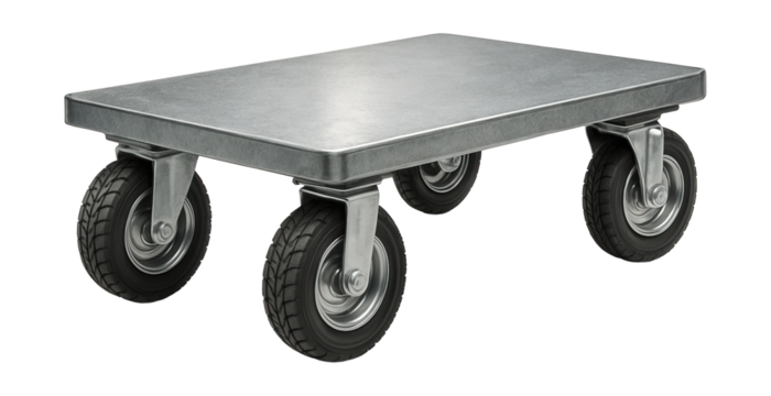 Steel platform dolly with pivoting wheels, ideal for construction site use.