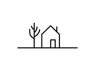 A minimalist line drawing depicts a simple house and a stylized tree on a plain ground line.