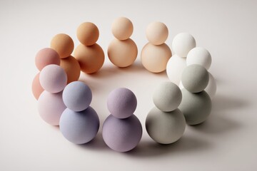 Colorful spherical figures arranged in a circle, representing harmony and unity in a minimalistic design, showcasing modern art and creativity