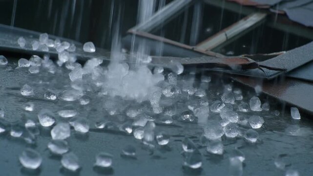 Hail storm with ice pellets falling in slow motion, crystalline structures impacting surfaces, frozen precipitation disaster, transparent ice formations, weather damage concept