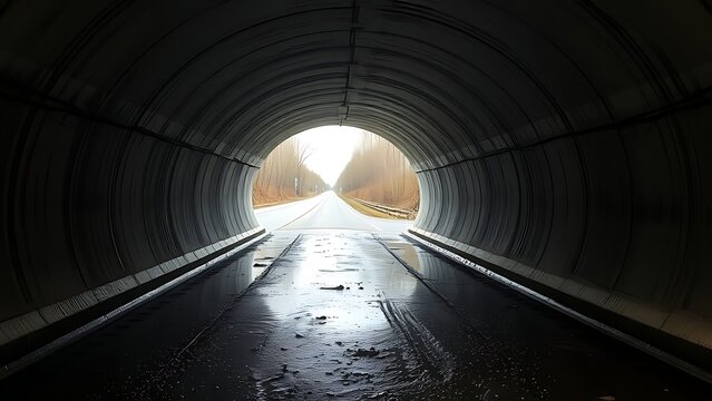 undernourishment. A concrete drainage pipe under a road, wet interior with dripping water, tunnel perspective. real-estate listings.
