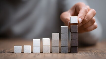 Human hand places final block atop ascending gradient tower illustrating progress