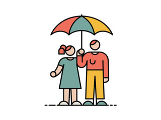 Two people stand together under a colorful umbrella for protection from the elements.