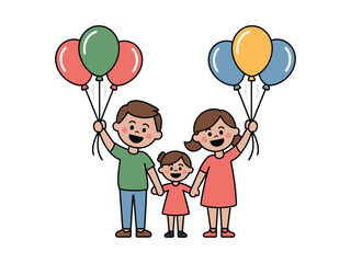 A happy family holding balloons, celebrating a joyful occasion together.