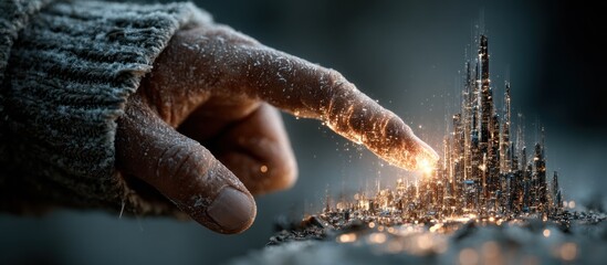 Human hand, covered in frost or glitter, touches a luminous miniature city, symbolizing technological innovation, urban development, and connection to a glowing digital future.