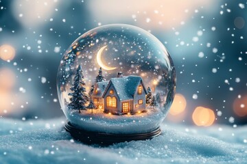 Beautiful winter scene captured in a snow globe with a cozy house, trees, and a glowing moon on a snowy evening