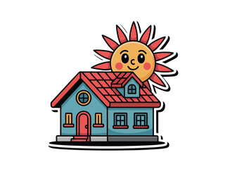 A charming cartoon house basks in the cheerful glow of a smiling sun.