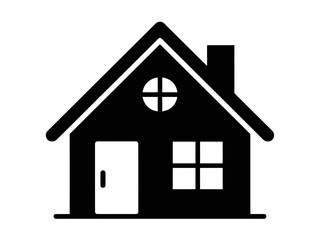 A simple black silhouette of a house with a door and windows is depicted.