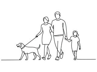 A continuous line drawing depicts a family walking their dog on a leash.