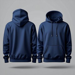 A dark blue hoodie displayed front and back on a light gray background