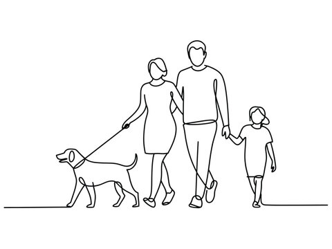 A continuous line drawing depicts a family walking their dog on a leash.