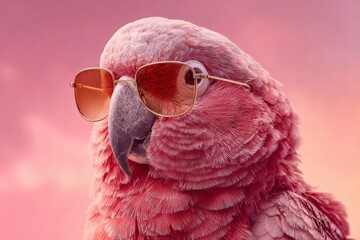 Pink parrot wearing stylish sunglasses poses against a colorful sunset background showcasing its vibrant feathers and playful spirit in a unique and fun manner