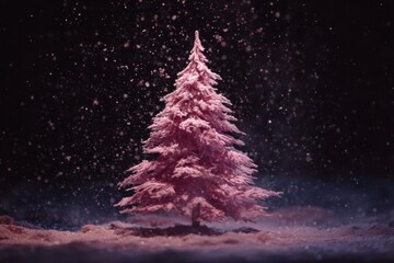 Pink Christmas tree stands alone in a wintery scene with snowfall at night under soft lighting
