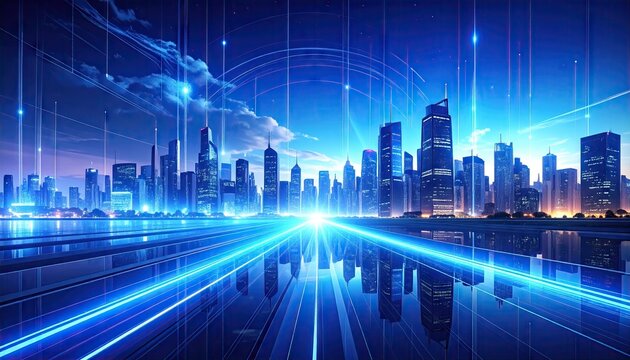 Futuristic Cityscape Illuminated by Blue Digital Network Lights and Data Streams.