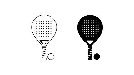 Two padel rackets and ball icons in outline and solid black