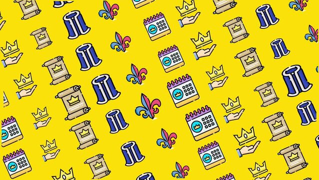 Looping pattern with crowns, scrolls, fleur de lis, and calendars on bright yellow background. Elegant royal and heritage theme for design projects.