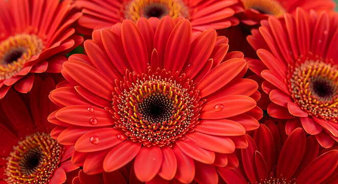 Close up shot of a vibrant bouquet of red gerbera daisies with water droplets