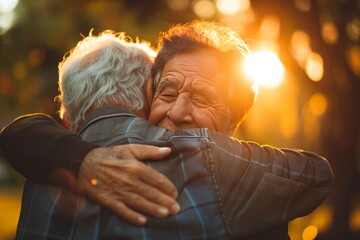 Two elderly men embrace in a warm sunset glow during a heartfelt moment in a tranquil outdoor setting