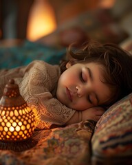 Child peacefully sleeping beside a glowing lantern in a cozy setting during the evening hours
