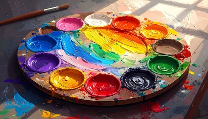 A wooden palette loaded with vibrant, mixed-color paints, brush at side