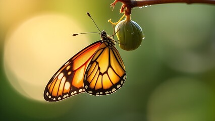 Butterfly emerging from chrysalis with wings unfolding, morning dew on delicate wings.