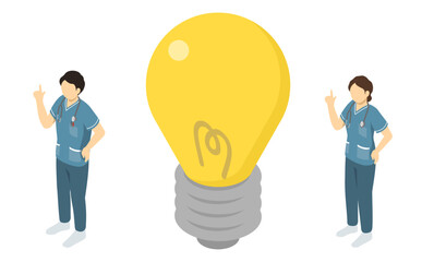 アイソメトリックイラスト：何かをひらめく看護師(緑)