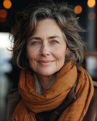 Smiling woman with curly hair wearing an orange scarf during a cozy afternoon in a café