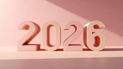 Year 2026 displayed in large, soft pink numbers on a smooth surface under warm light with shadows creating depth and interest