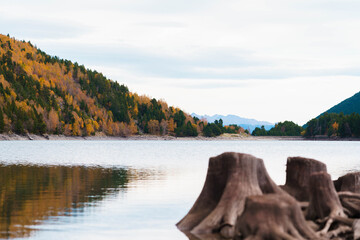 Paisajes otoñales del Parque Nacional de Aigüestortes i Estany de Sant Maurici, mostrando las dos...