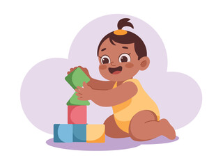 A happy baby plays with colorful building blocks on the floor.