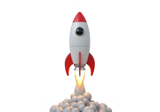 A cartoonstyle rocket ship launching with flames and smoke, isolated on transparent background