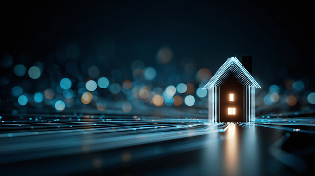 A glowing digital house on an abstract technology background. The image has a futuristic vibe. 