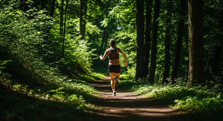 Obraz premium Energetic runner moving swiftly along a sunlit forest trail