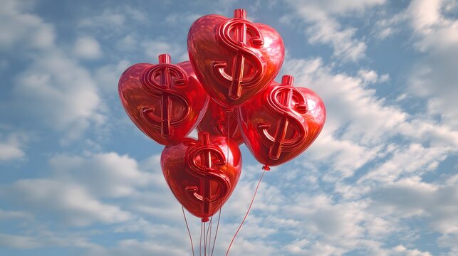 Cluster of bright red heart shaped balloons with currency symbols floats against a blue cloudy sky - Powered by Adobe