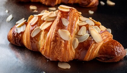 flaky croissant with almonds golden brown on baking sheet texture baked goods