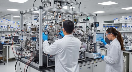 Scientists conducting advanced research and experiments using sophisticated laboratory technology