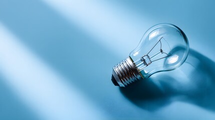 Transparent incandescent electric lamp resting on a cool blue surface with diagonal light streaks