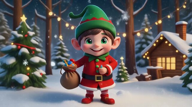 Cartoon animation of christmas elf standing in snowy winter forest