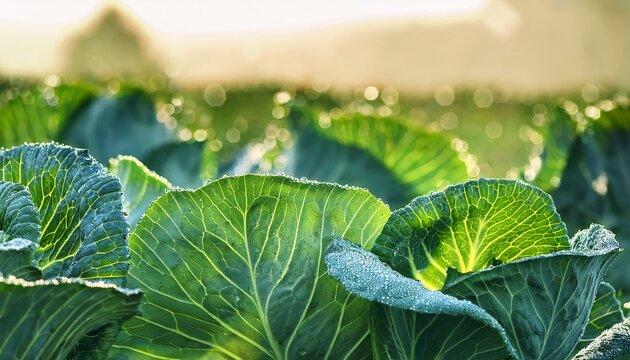 vibrant green cabbage glistening with dew drops morning farm