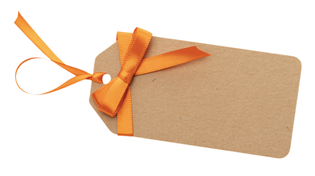 Elegant kraft paper gift tag with vibrant orange satin ribbon bow and loop, perfect for branding, product labeling, or special occasion announcements