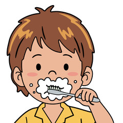 Child brushing teeth with foam around mouth. Kid practicing oral hygiene. Daily dental care concept for health education media.