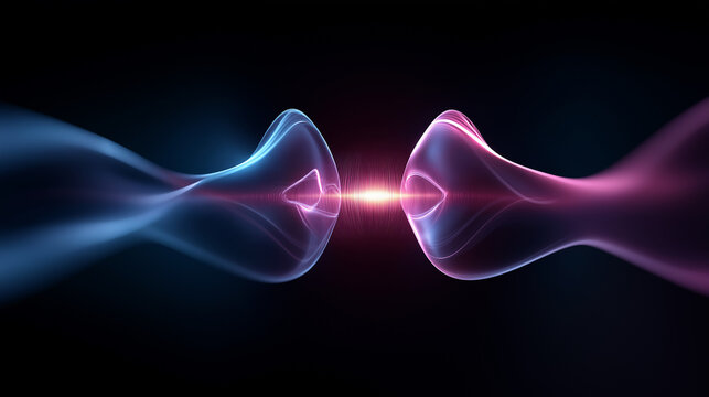 Abstrakte leuchtende Energiewellen in Blau und Pink treffen wie Synapsen aufeinander vor schwarzem Hintergrund