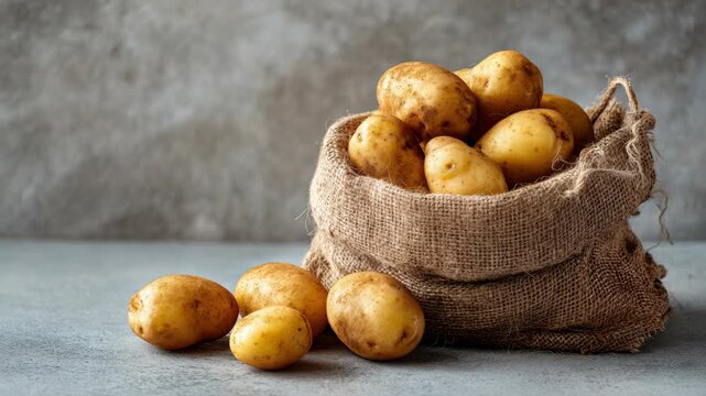 Rustic hessian sack filled with fresh organic potatoes on gray background