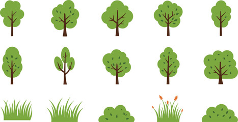 Cartoon vector illustration of trees, bushes, grass, foliage, flowers, green plants, nature landscape elements, decorative botanical drawing collection