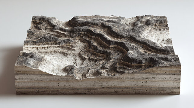 A geological cross-section revealing layered rock formations. The textures and patterns within the stone create a striking visual impact